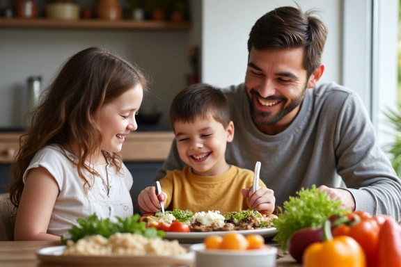 Una famiglia che cena insieme con un pasto sano e bilanciato, simboleggiando la nutrizione familiare.