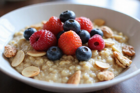 Una ciotola di farina d'avena con frutti di bosco e noci, un esempio di colazione sana e nutriente.