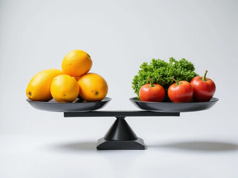 Bilancia con frutta e verdura, simbolo di equilibrio